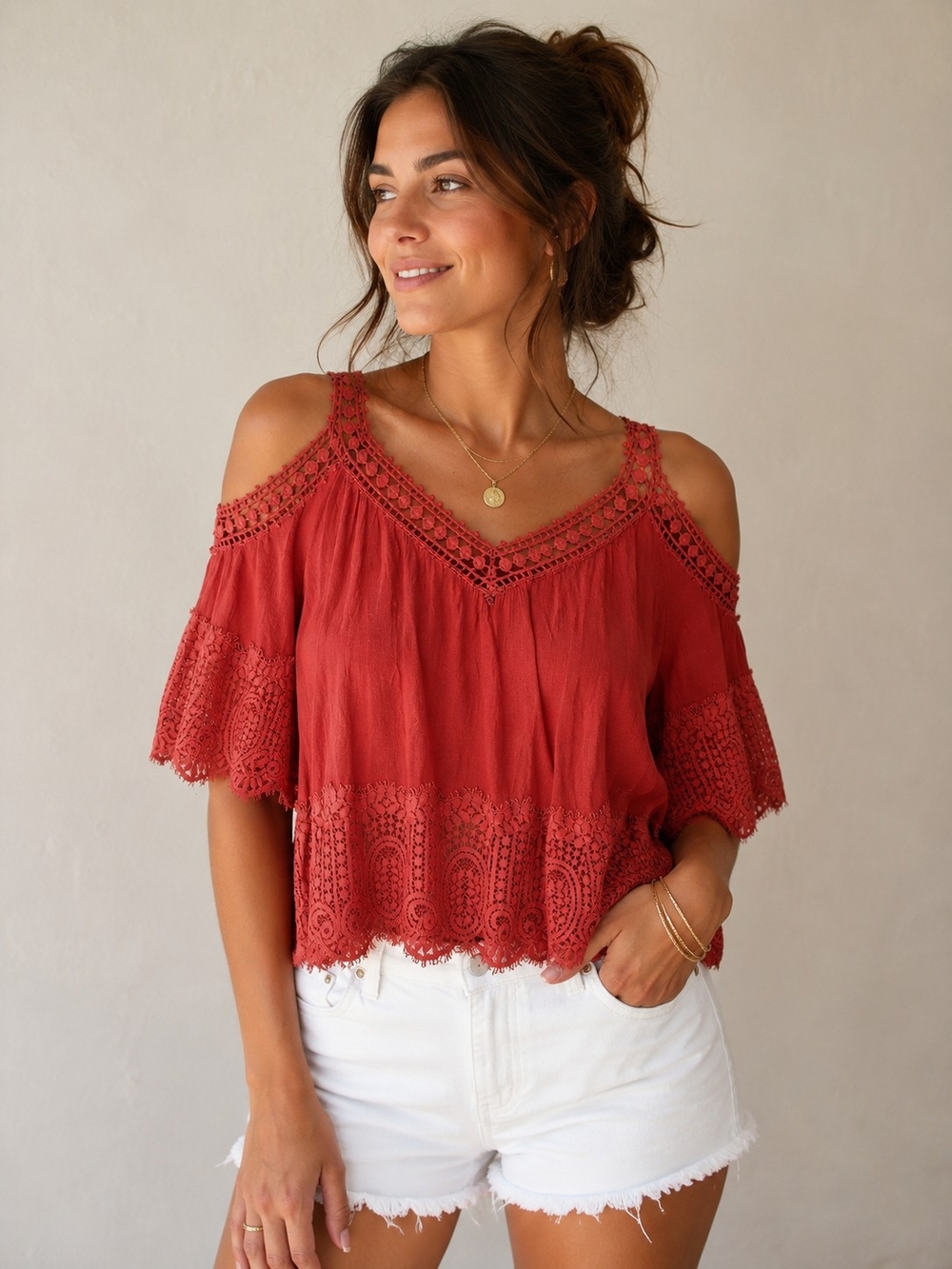 ANTHROPOLGIE Olivers Terracotta Cold-Shoulder Lace-Trim Top